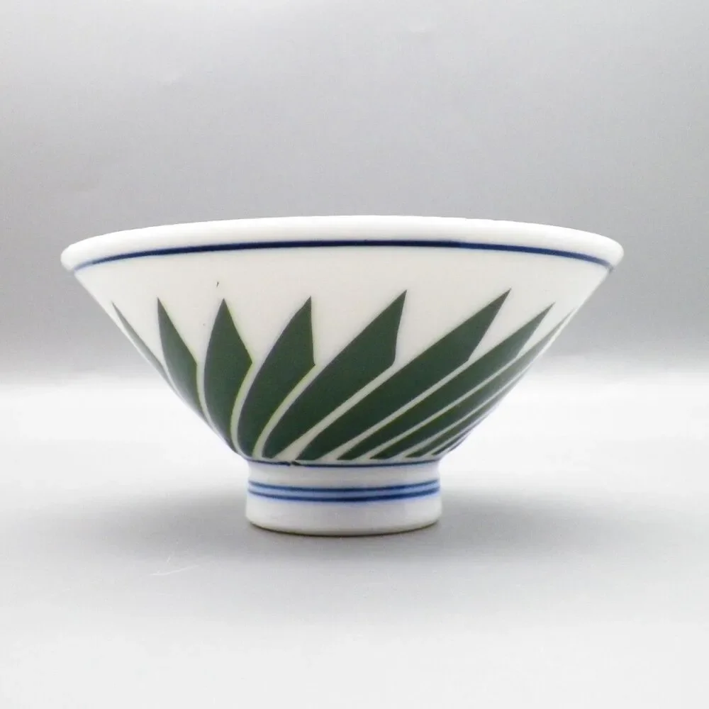 Japanese Ceramic Green Geometric Footed Rice Bowl with Spoon